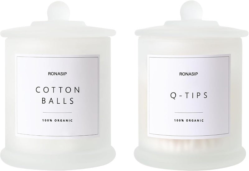 Ronasip Qtip Holder & Cotton Pad Dispenser, Bathroom Organizer and Storage Canisters, 16oz Glass Apothecary Jars for Kitchen, Restroom - Home Decor, Room Decor Aesthetic (2 Pack, Frosted White) - Image 1